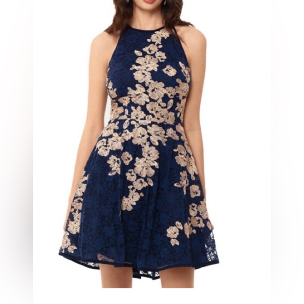 Navy blue with gold embroidery cocktail dress size 14